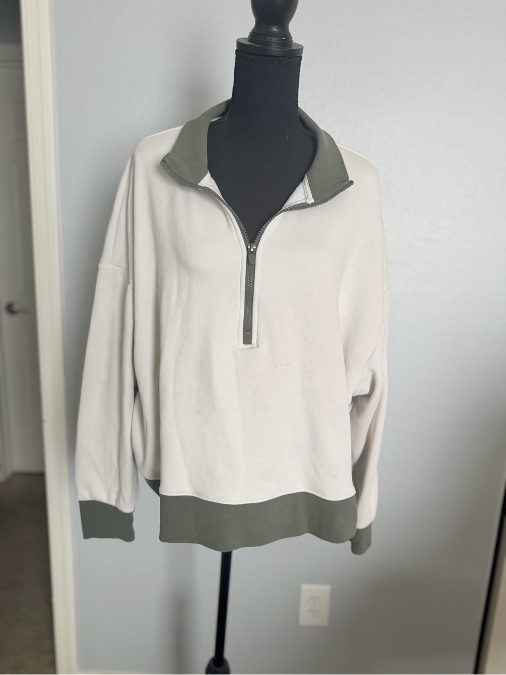 Half-Zip Pullover Sweatshirt - White with Olive Trim